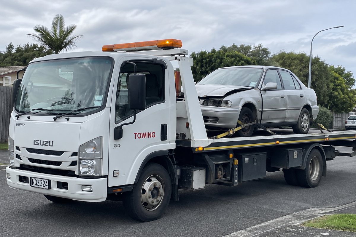 Tow truck collecting a non-running scrap car from a South Auckland street