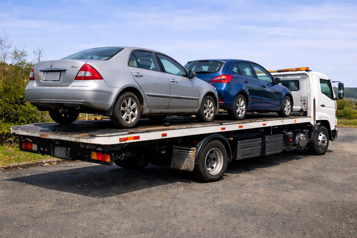 Tow truck carrying two scrap cars on a flatbed in South Auckland